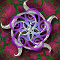 nine identical circular icons with purple and silver swirling patterns on a maroon floral background