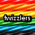 A four- shows the word 'twizzlers' in different colors over a rainbow striped background with blue wave patterns