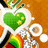 Green heart-shaped icon with yellow highlights inside a white speech bubble on an orange background, featuring pixelated rainbow and circular elements.