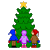 Pixelated Christmas tree with yellow star, three figures in blue, purple, and brown clothing standing beneath it on gray background.