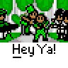Pixel art animation of two cartoon characters in green and black outfits dancing with text "Hey Ya!" on a gray background.
