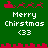 Green background with red pixelated Santa sleigh and reindeer icons above white text reading "Merry Christmas <33" in two , separated by a horizontal red cityscape-like border