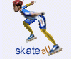 A skater in blue and yellow attire with a red helmet performs sequential skating poses on a white background, each labeled 'skate all' below.