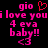Pixelated pink text on black background with red heart symbol above 'gio' and '<3' below, reading 'gio i love youi love you 4 eva baby!! <3'