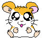 Pixel art hamster with orange and white fur, pink inner ears, black eyes, and a pink tongue in three distinct expressions.