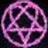 A circular pixelated icon with a pink and purple geometric pattern on a dark background.