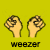 A 4-frame animated contact sheet showing hand gestures with the text 'weezer' beneath each frame on a yellow background.