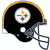 Black football helmet with gold trim and a circular logo featuring yellow, red, gray, and white elements on the side.