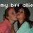 Two people in a close embrace with one kissing the other's cheek, overlaid text reads 'my bff allie' on dark gray background.