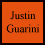 Orange square with 'Justin Guarini' text above four pixelated facial expressions in a