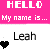 Pixelated graphic with pink and white sections displaying 'HELLO' text, 'My name is...' line, and the name 'Leah', featuring black, blue, and pink heart icons.