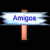 Animated icon with 'Amigos' text on a blue banner above a vertical orange bar, featuring shifting light rays in the background.