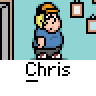 Animated contact sheet of a cartoon character named Chris in various poses and text overlays within a room setting, displayed as 20 sequential frames arranged in a 5x4 grid.