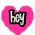A pink heart-shaped icon with 'hey' text, a black rectangular banner reading 'Kiera', and a fragmented background of scattered red particles.