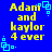 Blue background with yellow text reading "Adam and kaylor 4 ever" and light blue square-shaped pixel art elements scattered around.