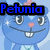 Blue cartoon animal with pink flower on head, smiling with visible teeth, wearing light blue top and green necklace, blue text "Petunia" above.