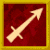 A static pixelated icon with a golden border, red textured background, and a light beige arrow pointing diagonally upward-right.