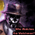 Pixelated image of a character wearing a wide-brimmed hat with a pink band, dark clothing, and a white mask-like face with black eye patches, set against a dark background with yellow and purple tones.