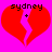 Two identical red broken hearts on a bright pink background with black text 'sydney' above each heart and a plus sign between the halves.