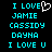 Pixelated cyan text on black background with a white heart symbol replacing the 'O' in LOVE, repeated twice side-by-side.