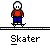 Pixelated skater character in red shirt and blue pants performing tricks on ramps with trash cans, displayed across showing motion progression