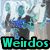 Pixelated image with teal 'Weirdos' text, red 'YOU LOVE IT' text, and yellow 'we know but...' text over a blurred background.
