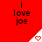 Red background with repeated text "i love joe" and white triangular icons containing red hearts that change from solid to outline.