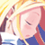 Pixelated static image of a character with closed eyes, pink skin, and red hair wearing blue clothing against a yellow background.