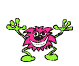 Animated pink fuzzy creature with green limbs and white teeth, changing poses across frames.