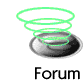 Green spiral rings rotate above a metallic oval base with 'Forum' text below, displayed in a of five identical frames