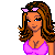 Pixel art contact sheet showing a female character in various poses with pink bikini top, patterned shorts, and 'XO' text elements.