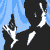 Silhouette figure in black suit with white shirt and tie holds a pistol, standing against blue curtain background.