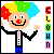 Pixel art clown character with rainbow hair and red nose in a 5-frame contact sheet animation, each frame showing slight pose changes while the vertical "CLOWN" text cycles through color variations.