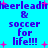 Pixelated text on cyan background with pink stars, repeating 'cheerleading & soccer for life!!!' in blue and purple letters.