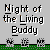 Pixel art animation of a character with green hair and orange clothing interacting with mushrooms on a grassy platform beneath 'Night of the Living Buddy' text.