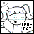 Pixelated cartoon character with closed eyes and a smiling mouth, holding a sign reading 'TRUE DAT' against a white background.