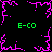 A static pixel art icon with a black background, pink jagged border elements, and four green "E-CO" text labels positioned around the corners.