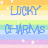Pixelated text on a rainbow striped background with white sparkles, reading 'LUCKY CHARMS FOR LIFE' in blue letters.