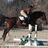 A composite image with four showing horseback riders jumping obstacles, featuring text overlays and color-coded backgrounds