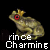 Pixelated frog with golden crown, red eyes, and brown-green body in four positions with partial text below each