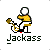 Pixel art of a figure in yellow and white clothing playing a brass instrument, with text below reading 'Jackass' on gray background.