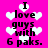 A static image with a bright pink background featuring white heart shapes and repeated black text reading "I love guys with 6 paks.".