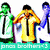 Three pixelated figures in a row: green, yellow-orange, and blue characters with dark hair against white background; teal base at bottom.