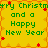 Yellow background with orange border and red star accents, displaying green text reading 'Merry Christmas and a Happy New Year' in pixelated font.