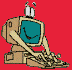Animated cartoon computer with teal screen, beige body, and white eyes typing on keyboard against red background.