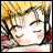 Pixelated anime-style character with closed eyes and a smile, next to stylized text on a black background.