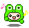 Green frog-hooded avatar with large eyes and pink mouth, holding yellow musical note, surrounded by pink, blue, and orange notes on gray background.