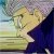 Pixelated static image showing a figure with light-colored hair against layered background of blue, yellow, and dark purple tones.