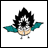 Pixelated character with spiky black hair, teal cape, and beige top, standing against white background with slight pose variation.