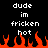 Black background with white pixelated text 'dude im fricken hot' repeated twice above orange pixelated flames.